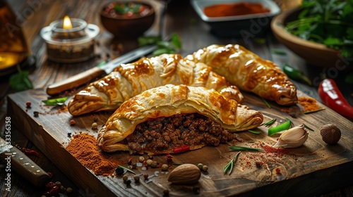 Argentine empanadas, baked pastries filled with beef and spices, served on a rustic wooden board with a Buenos Aires street scene photo