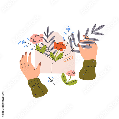 Love message, heart letter. Paper envelope with dry flowers, wildflowers, leaves in woman hands. Postal decoration. Valentine mail with plants. Flat isolated vector illustration on white background