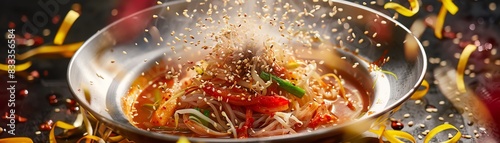 Bibim Naengmyeon, spicy cold buckwheat noodles with vegetables, served in a metal bowl with a vibrant Korean summer festival scene photo