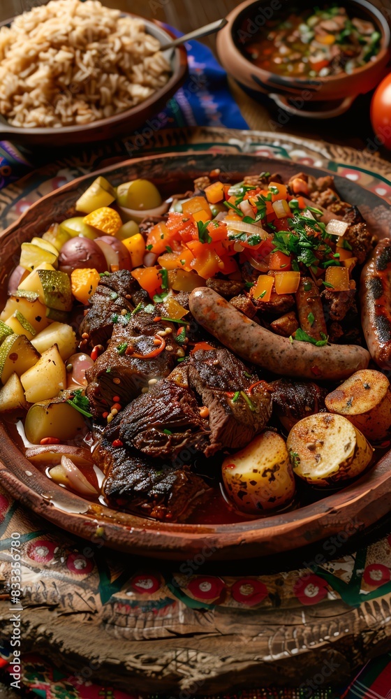 Bolivian pique macho, a platter with beef, sausage, potatoes, and vegetables, served on a rustic plate with a festive Bolivian street scene