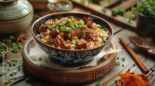 Braised pork rice Lu Rou Fan  served in a traditional bowl with a cozy Taiwanese home kitchen setting