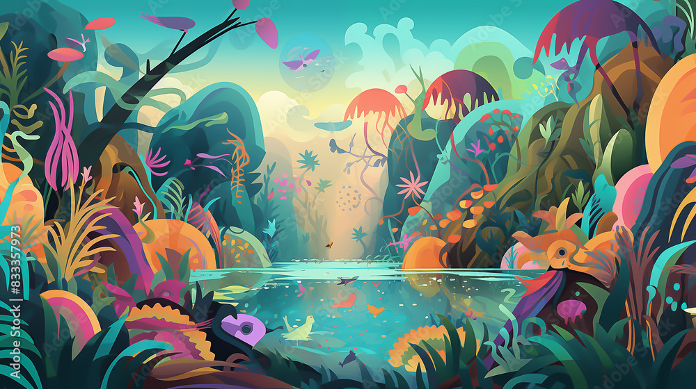 Design an abstract and dreamlike portrayal of a beautiful morning in the cartoon jungle Design an abstract and dreamlike portrayal of a beautiful morning in the cartoon jungle