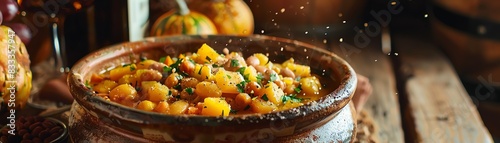 Chilean porotos granados, a stew with beans, corn, and squash, served in a rustic bowl with a backdrop of the Chilean vineyards photo