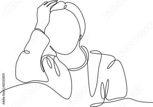 Continuous line drawings of a young woman feeling sad, tired and worried about mental health depression. problems, failures and broken heart concepts isolated on white background. 