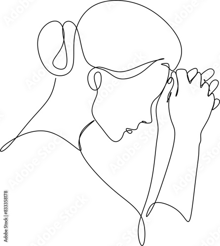 Continuous line drawings of a young woman feeling sad, tired and worried about mental health depression. problems, failures and broken heart concepts isolated on white background. 