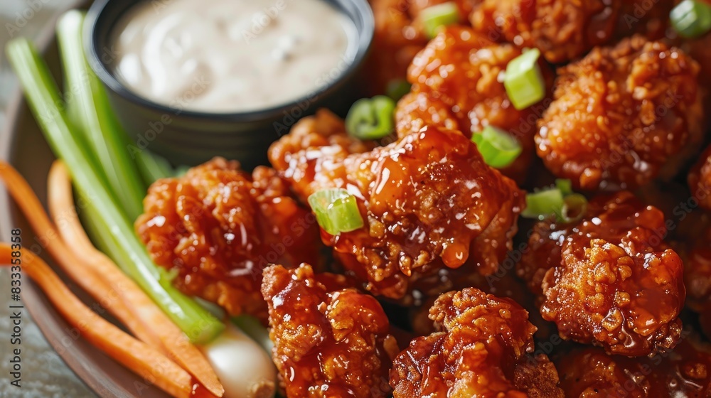 Boneless chicken wings dipped in buffalo and BBQ sauce