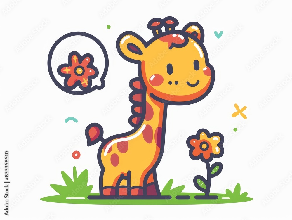 Simple flat color line style of whimsical giraffe with a friendly and gentle demeanor, making joyful faces and holding a flower, in the style of a storybook character Simple flat color line style of whimsical giraffe with a friendly and gentle demeanor, making joyful faces and holding a flower, in the style of a storybook character