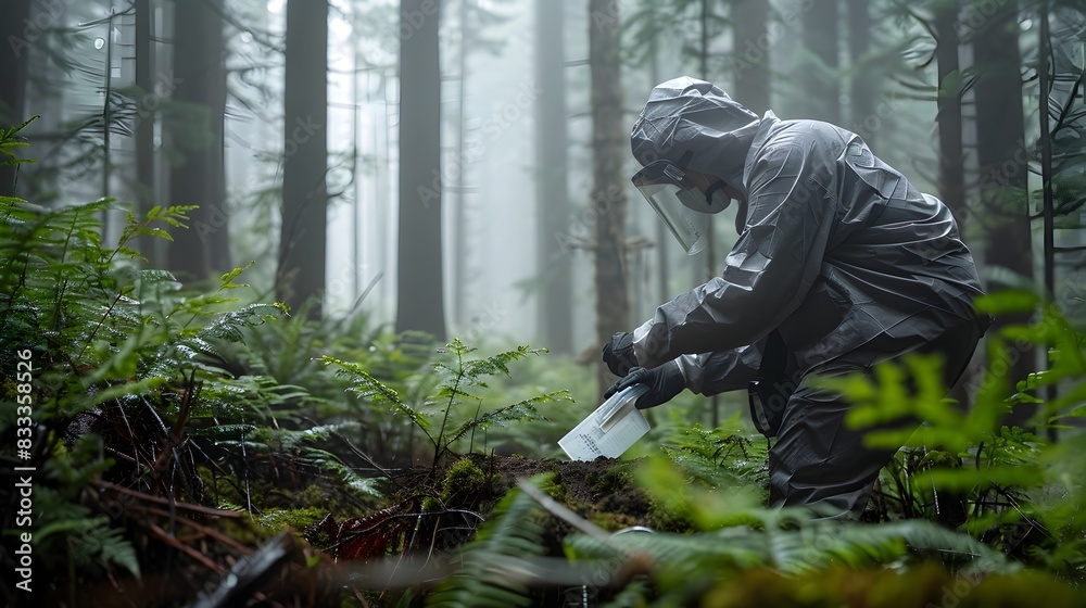 Researcher Examining Soil for Heavy Metals in Misty Forest Habitat Researcher Examining Soil for Heavy Metals in Misty Forest Habitat