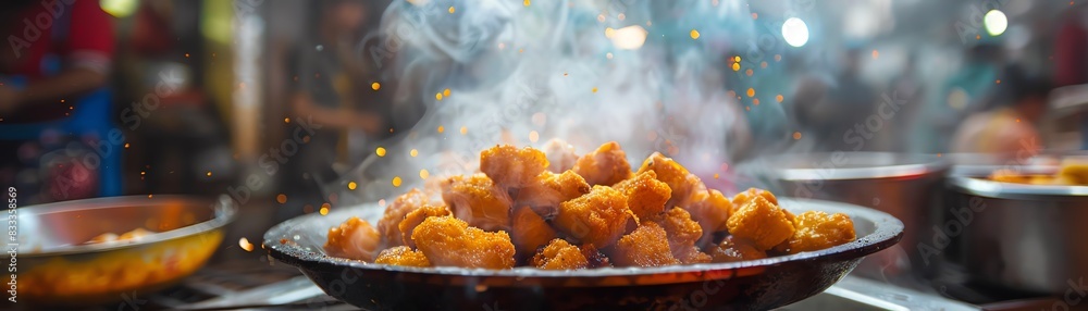 Crispy fried taro, sweet and savory, served on a rustic plate with a bustling night market background Crispy fried taro, sweet and savory, served on a rustic plate with a bustling night market background