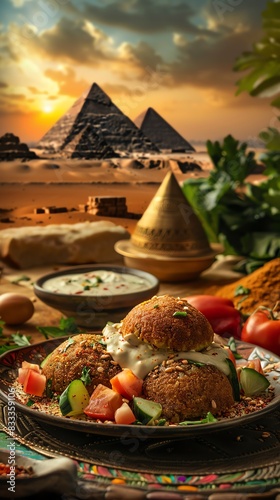 Egyptian taameya, fried fava bean patties, served with tahini sauce and fresh vegetables, on a traditional Egyptian plate with a backdrop of the pyramids and desert photo