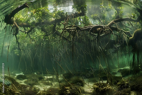 A dense mangrove forest  roots intertwined and submerged in water