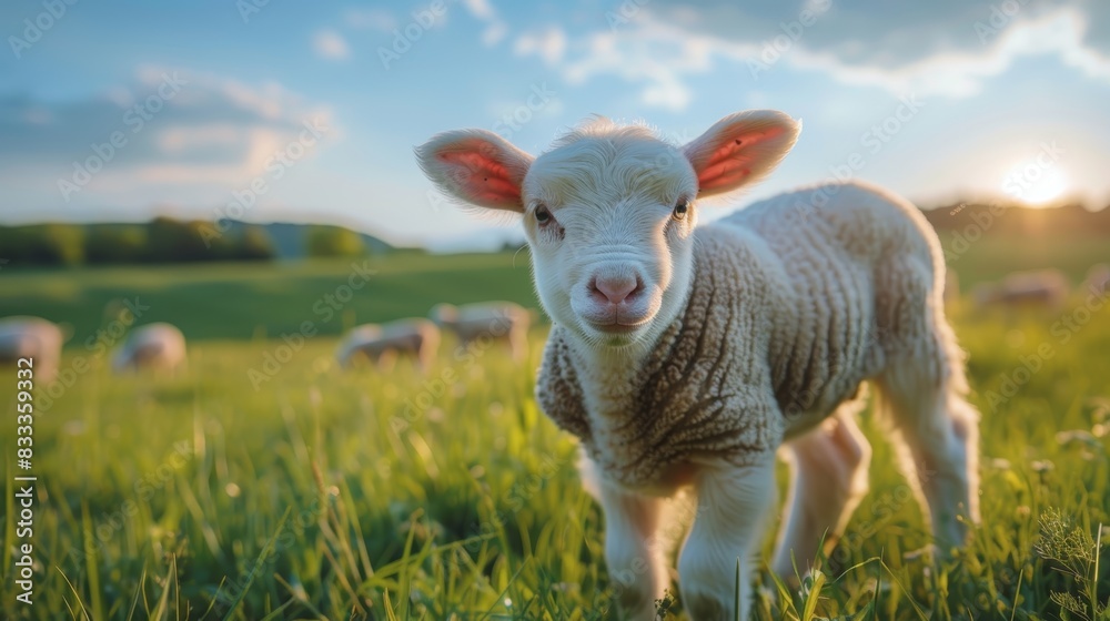Obraz premium A cute fluffy lamb standing in a field of green grass with other sheep in the background. The sun is setting behind the hills.