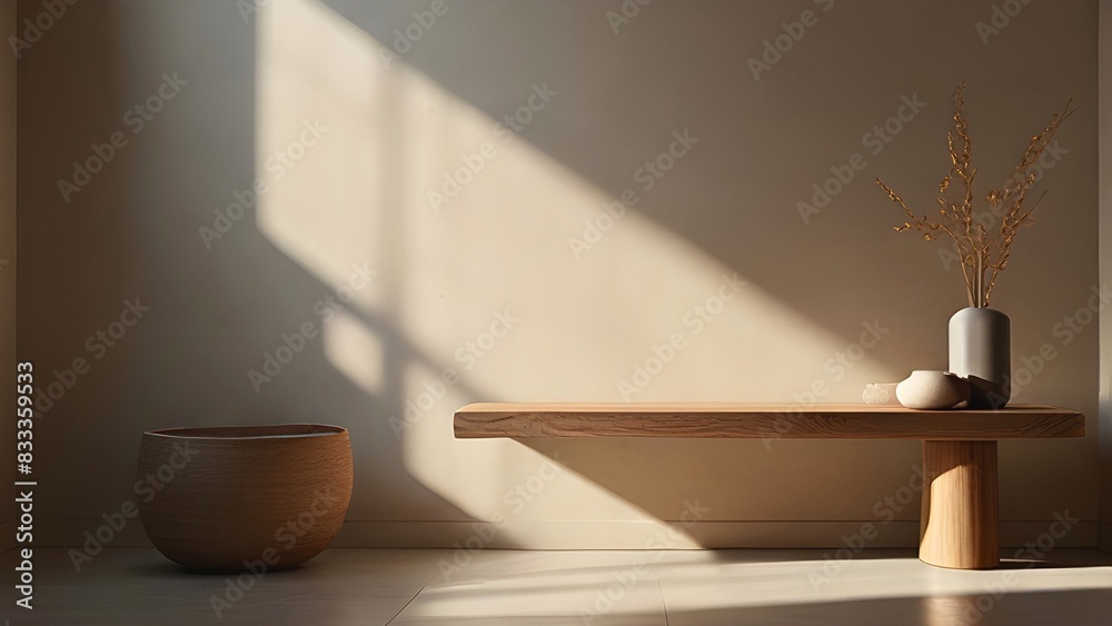 Minimal interior design of earthenware, wooden long bench with shadow and light from windows on beige wall. Illustration with copy space for product presentation, backdrop, artwork, background Minimal interior design of earthenware, wooden long bench with shadow and light from windows on beige wall. Illustration with copy space for product presentation, backdrop, artwork, background