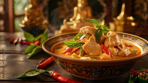 Gaeng Phed, red curry with bamboo shoots and chicken, served in a traditional bowl with a serene temple background photo