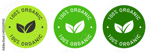 100 percent organic label vector design for packaging. Leaves icon. Natural product color sticker.