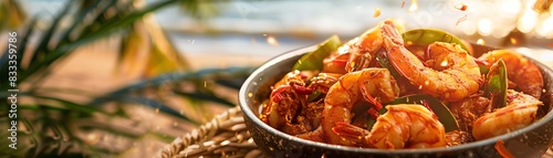 Goan prawn curry, prawns cooked in a spicy coconut gravy, served in a traditional bowl with a scenic Goan beach backdrop photo