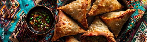 Indian samosas filled with spiced potatoes and peas, served with mint chutney on a vibrant Indian textile with a busy street market background