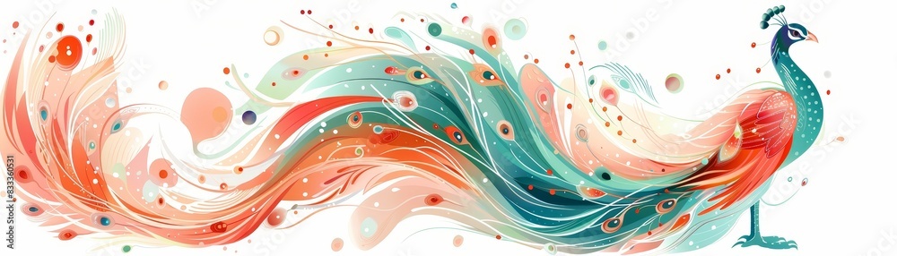 A whimsical peacock with a joyful demeanor holds a gift, embodying a storybook character's charm in flat color style