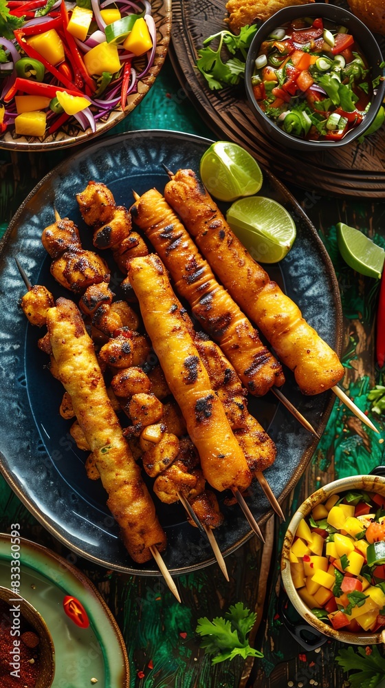 Jamaican festival, sweet fried dough sticks, served with jerk chicken and a side of mango salsa, on a vibrant table with Caribbean island decorations