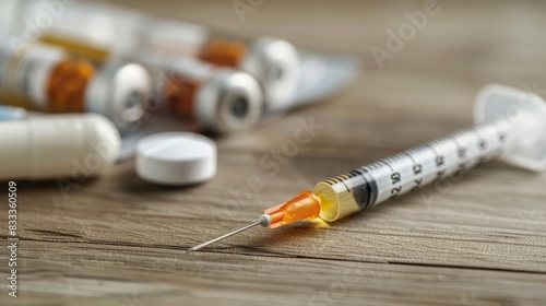 Syringe with a drop on a needle isolated on a white background. A yellow anticoagulant syringe photographed close up. Medicines in a syringe with a short needle photo