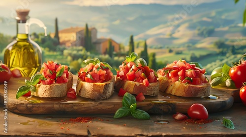 Italian bruschetta topped with fresh tomatoes  basil  and olive oil  arranged on a rustic wooden board with a view of the Italian countryside