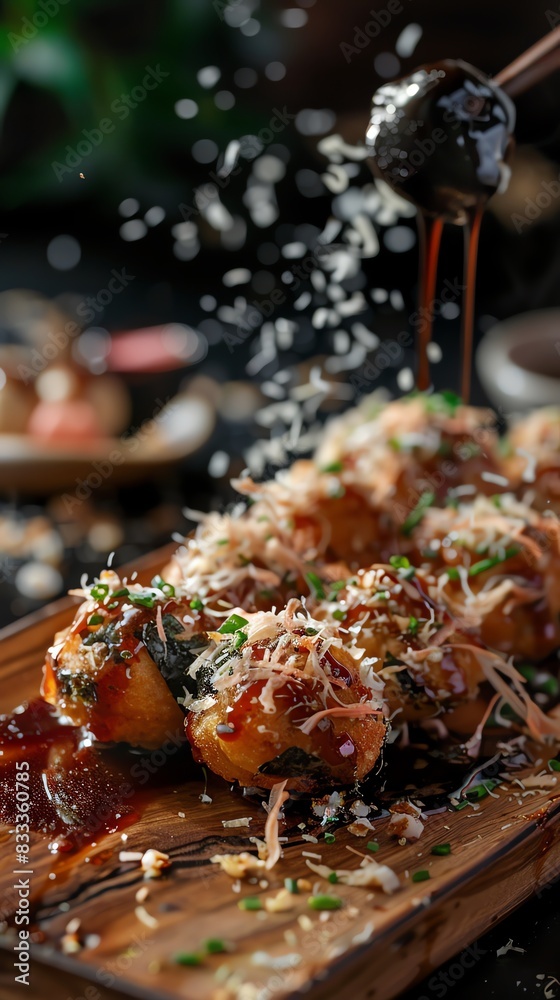 Japanese takoyaki, octopusfilled balls, served on a wooden platter with bonito flakes and a bustling Japanese street food scene