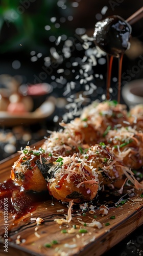 Japanese takoyaki  octopusfilled balls  served on a wooden platter with bonito flakes and a bustling Japanese street food scene