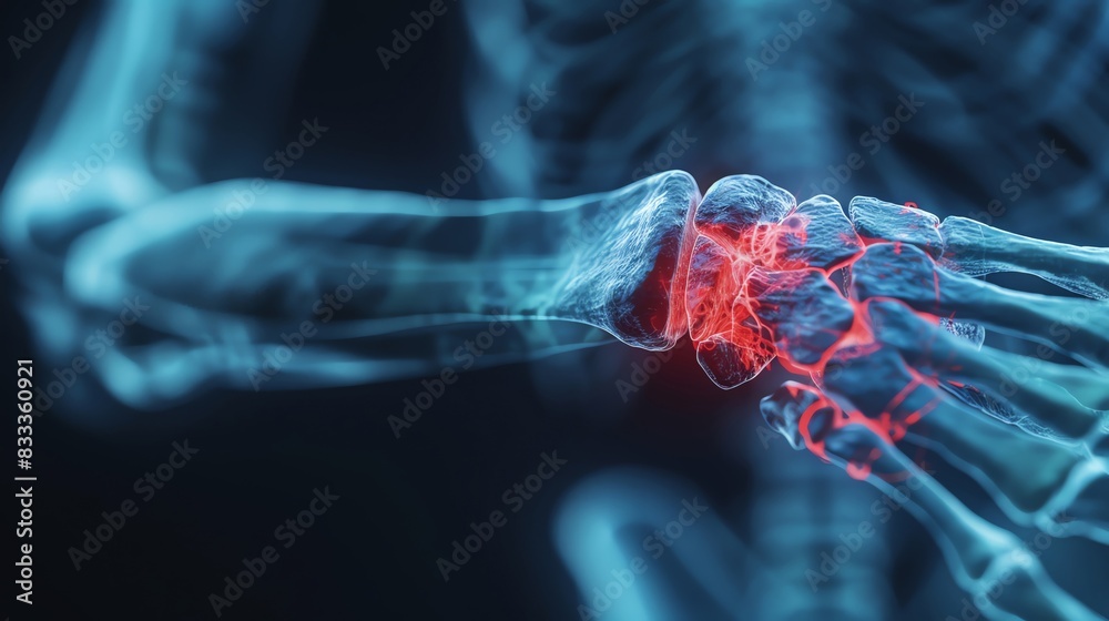 Fototapeta premium 3D illustration of a fractured wrist. The bones are shown in blue, and the fracture is shown in red.