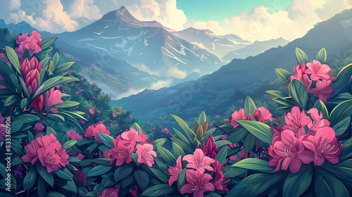Pink Rhododendrons in Majestic Mountain Landscape.
