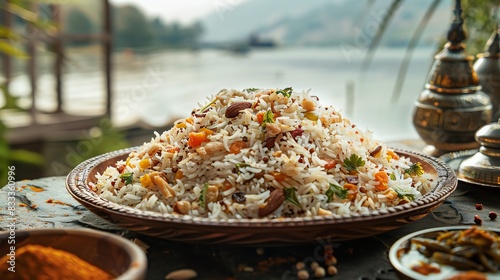 Kashmiri pulao, fragrant rice with nuts and dried fruits, served on a decorative plate with a backdrop of the Dal Lake in Kashmir photo