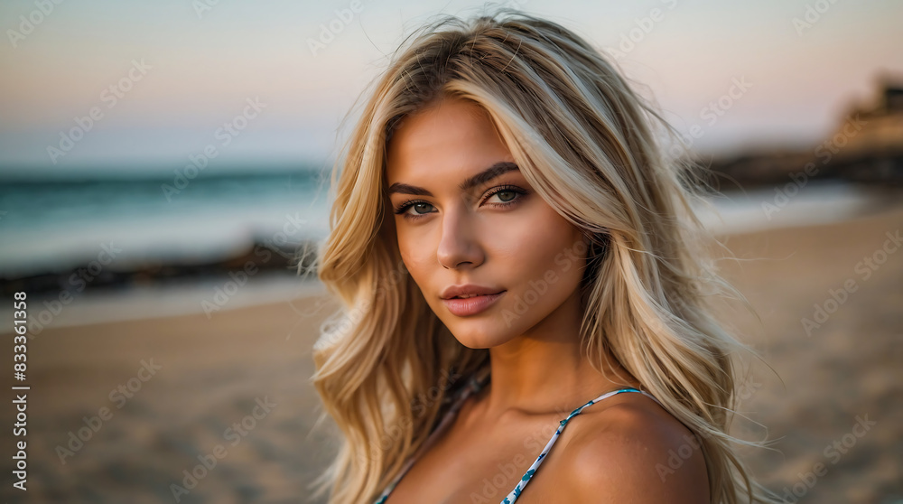 Stunning portrait of a beautiful woman influencer and model with blonde hair highlights