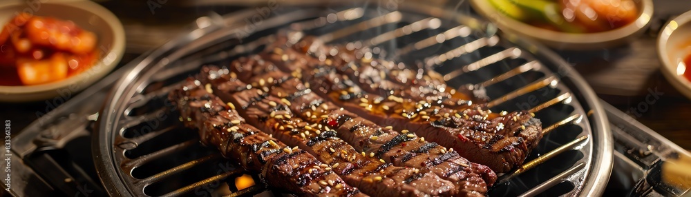 Korean barbecue beef LA Galbi, grilled and served with side dishes on a traditional Korean grill table