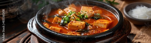Kimchi jjigae, spicy kimchi stew with tofu and pork, served in a clay pot with a cozy Korean home kitchen setting photo