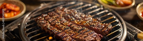 Korean barbecue beef LA Galbi, grilled and served with side dishes on a traditional Korean grill table