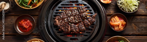 Korean barbecue beef LA Galbi, grilled and served with side dishes on a traditional Korean grill table