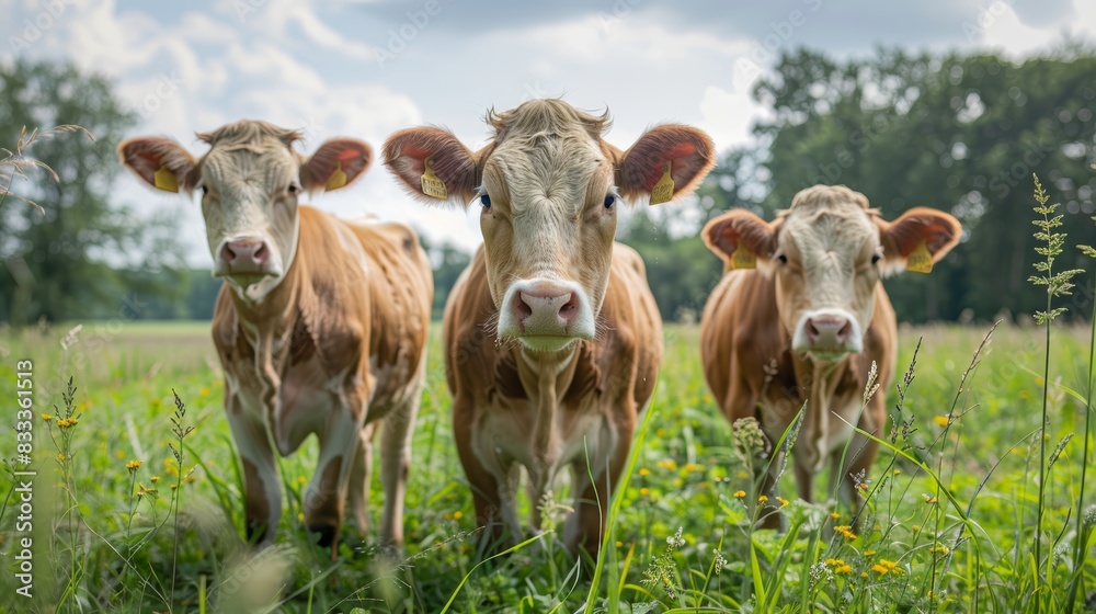 Three brown and white cows stand in a green field, looking at the camera. Three brown and white cows stand in a green field, looking at the camera.