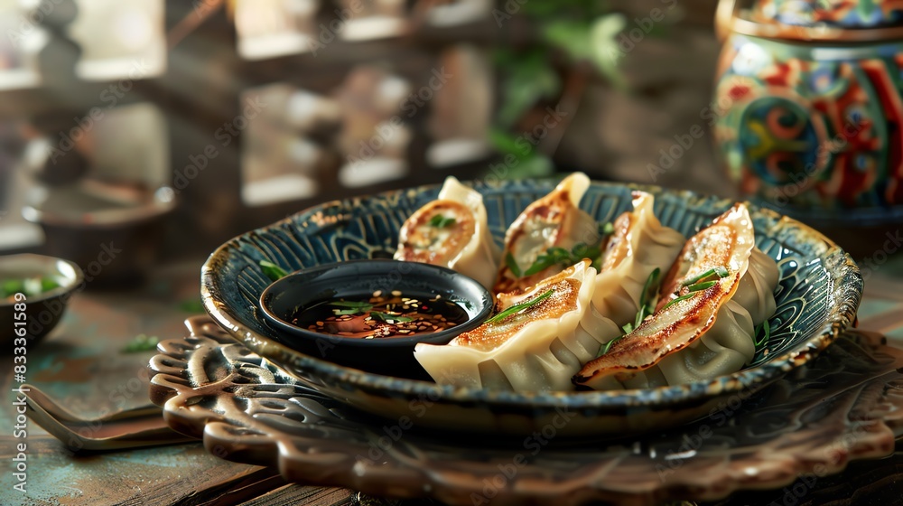 Korean dumplings Mandu, steamed and served with a soy dipping sauce on a decorative plate with a traditional Korean kitchen backdrop Korean dumplings Mandu, steamed and served with a soy dipping sauce on a decorative plate with a traditional Korean kitchen backdrop