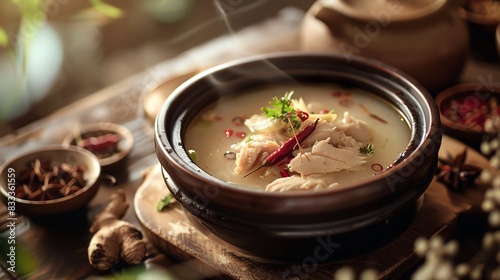 Korean chicken ginseng soup Samgyetang, served in a traditional bowl with a serene Korean countryside backdrop