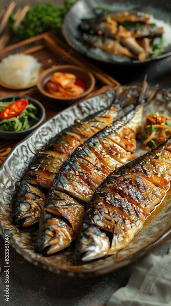 Korean grilled mackerel Godeungeo Gui, served with side dishes on a traditional plate with a coastal village backdrop Korean grilled mackerel Godeungeo Gui, served with side dishes on a traditional plate with a coastal village backdrop