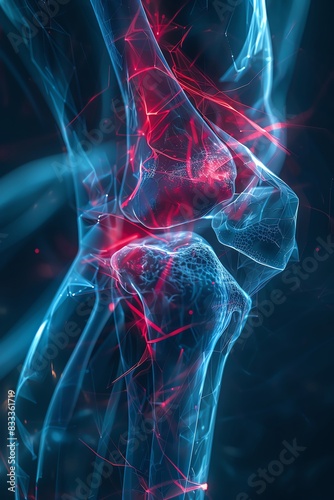 An illustration of a knee joint in blue and red colors with a glowing effect, representing pain and inflammation. photo
