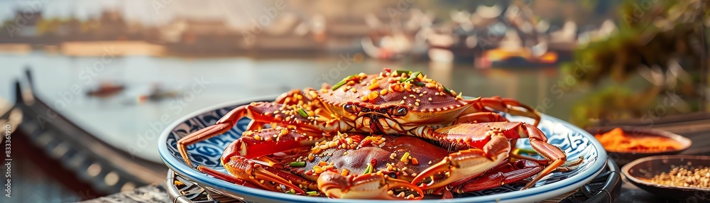 Korean marinated crabs Ganjang Gejang, served on a decorative plate with a coastal village background