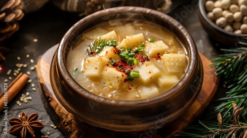 Korean rice cake soup Tteokguk, served in a rustic bowl with a festive Korean New Year celebration scene