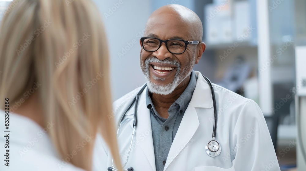 A happy patient receiving a thorough examination from a doctor in a calm and sanitized clinic A happy patient receiving a thorough examination from a doctor in a calm and sanitized clinic