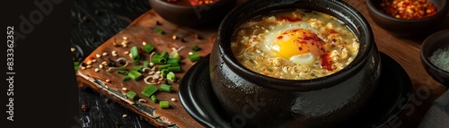 Korean steamed egg Gyeranjjim, served in a clay pot with a cozy Korean home kitchen setting photo