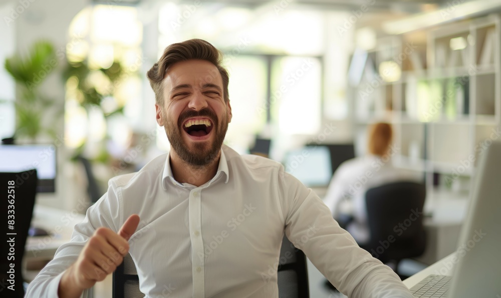Obraz premium Happy man giving thumbs up in office