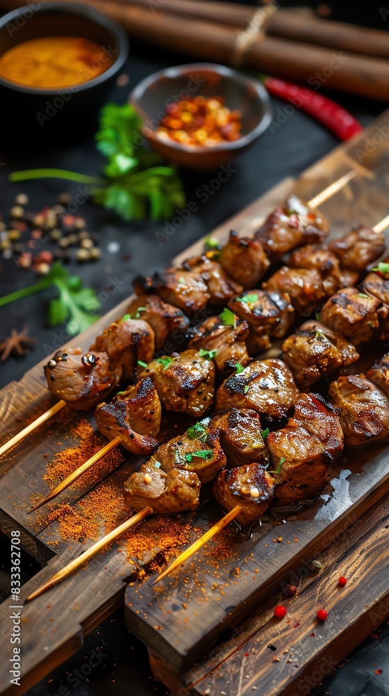 Lamb kebabs, skewered and grilled spiced lamb, served on a wooden board with a bustling Indian street food market scene