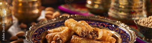 Moroccan briouats, sweet and savory pastries filled with almonds and honey, served on an ornate Moroccan platter with a colorful market background photo