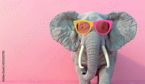 Portrait of a funny elephant with colorful glasses on a pastel background, in a closeup. Summer concept banner design photo