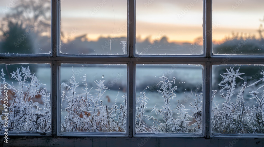 Fototapeta premium The delicate pattern of frost on the windowpane sparkled in the morning light, transforming the ordinary into something magical.