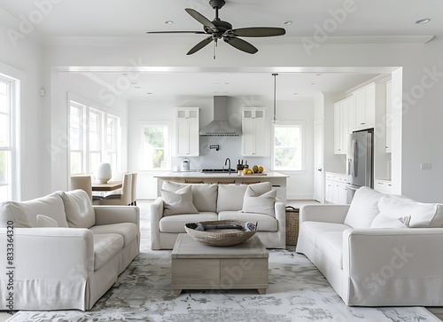 A beautiful living room and kitchen in an open concept home with white walls and light gray carpet flooring